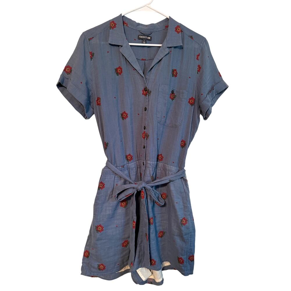 Toad & Co Camp Cove Short Sleeve Romper Blue Floral Organic Cotton Large VGUC